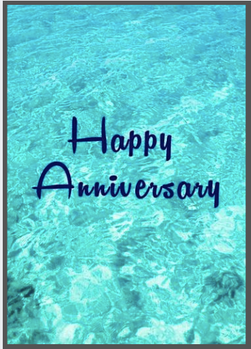 Happy Anniversary Ocean card front: navy script Happy Anniversary over ocean water