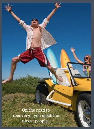 On the Road to Recovery card front: man leaping by a yellow dune buggy with On the road to recovery...you meet the nicest people
