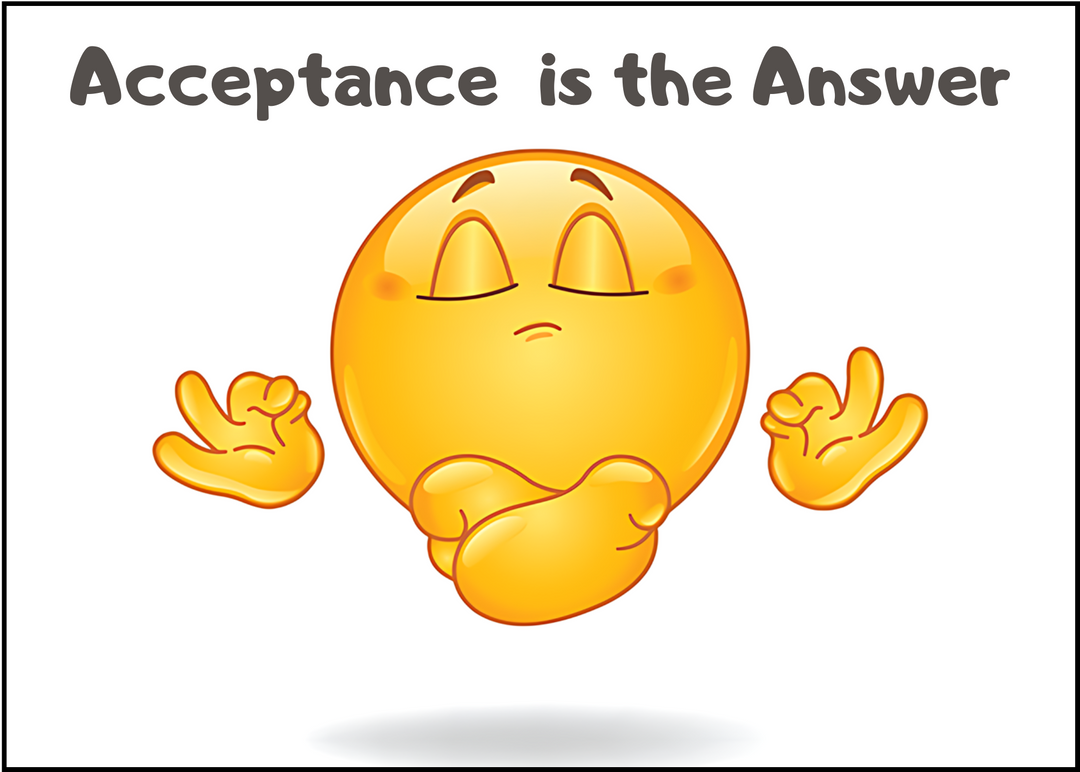 Acceptance Is the Answer card front: meditating smiley emoji with Acceptance is the Answer