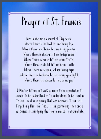 Prayer of St. Francis card front: the full Prayer of St. Francis on blue and purple