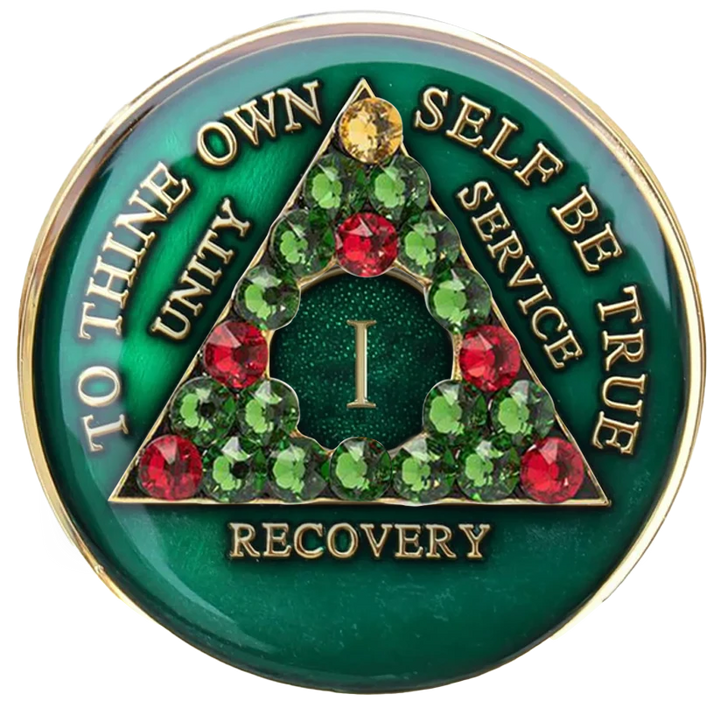 AA Christmas Medallion, Green, Gold Plated, w Green & Red Crystals, Years 1-65 (#A76 XMAS)