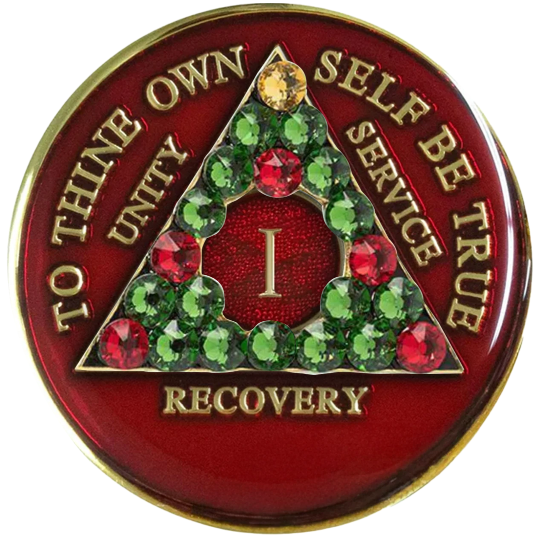 AA Christmas Medallion, Red, Gold Plated, w Green & Red Crystals, 24 Hours to 65 Years (#A83 XMAS)