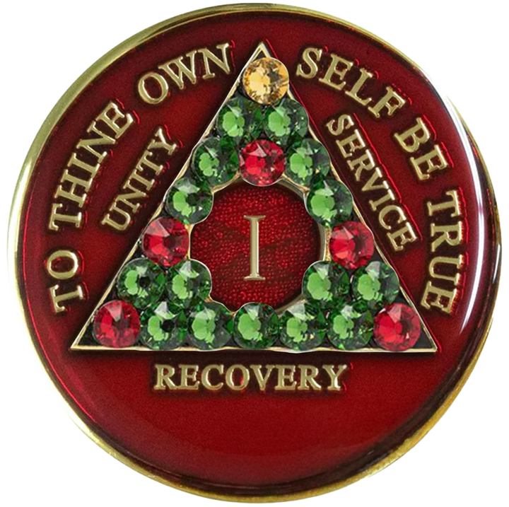 AA Christmas Medallion, Red, Gold Plated, w Green & Red Crystals, 24 Hours to 65 Years (#A83 XMAS)