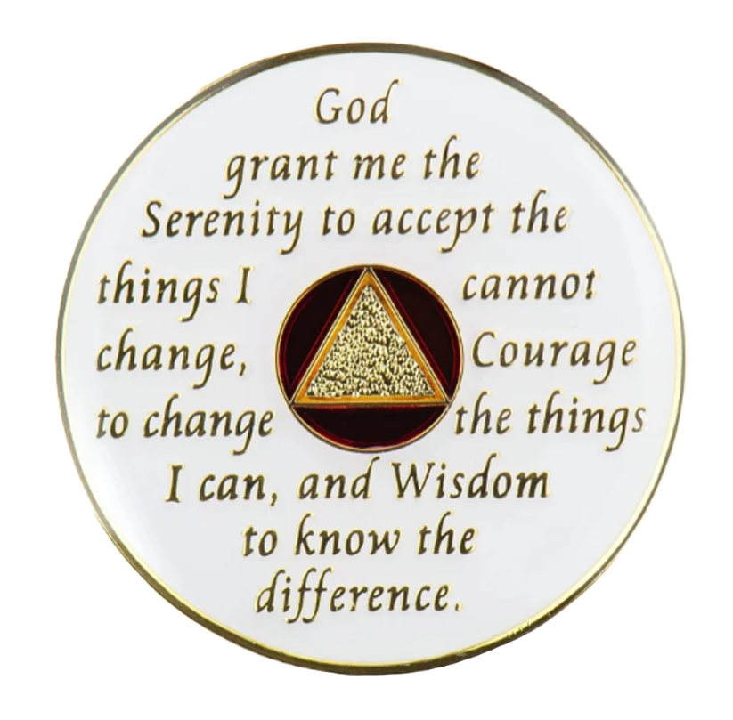 AA Coin, #A02.  Glow AA Anniversary Chip w Red Trans Crystals (Yrs 1-65)