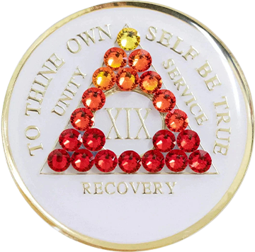 AA Coin, #A02.  Glow AA Anniversary Chip w Red Trans Crystals (Yrs 1-65)