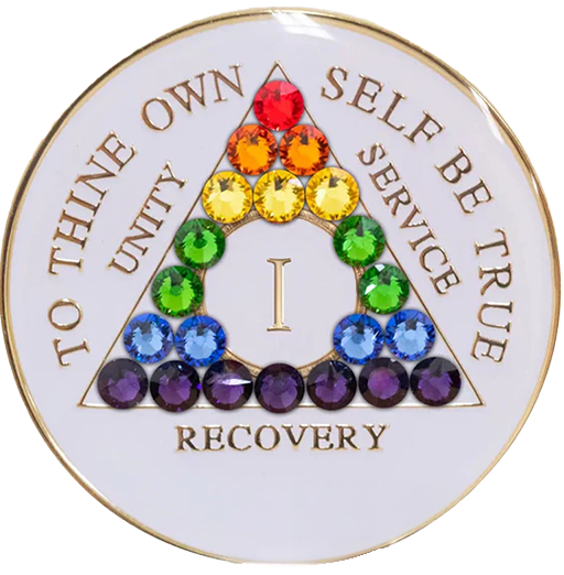 AA Coin, #A06.  Glow AA Chip w Rainbow Trans Crystals (Yrs 1-65)