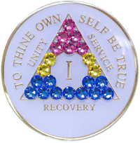 AA Coin, #A10.  Glow AA Chip w Lt Pink/ Yellow /Blue Crystals (Yrs 1-65)