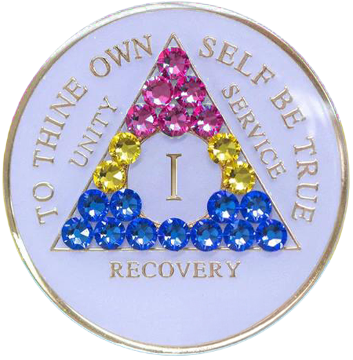 AA Coin, #A10.  Glow AA Chip w Lt Pink/ Yellow /Blue Crystals (Yrs 1-65)