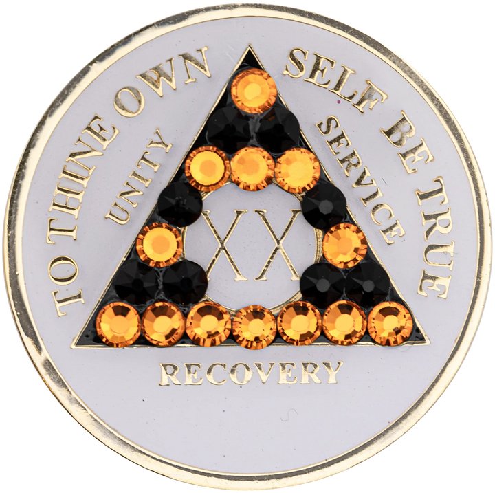 AA Coin, #A12.  Glow AA Medallion w Orange / Blk Crystals (Yrs 1-65)