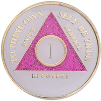 AA Coin, #A15.  Glow in the Dark Pink AA Medallion w Glitter Pink (Yrs 1-15)