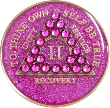 AA Coin, #A20.  Glitter Pink AA Medallion w Pink Crystals (Yrs 1-65)