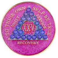 AA Coin, #A22.  Glitter Pink AA Chip w Blue Crystals (Yrs 1-65)