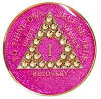 AA Coin, #A23.  Glitter Pink AA Coin w Lt Gold Crystals (Yrs 1-65)