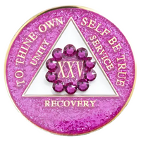 AA Coin, #A25.  Glitter Pink AA Medallion w Pink Crystals (Yrs 1-65)
