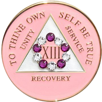 AA Coin, #A34.  Pink AA Chip w Pink/ White Circle Crystals (Yrs 1-50)