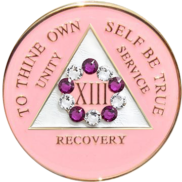 AA Coin, #A34.  Pink AA w Pink/ White Circle Crystals (Yrs 1-50)