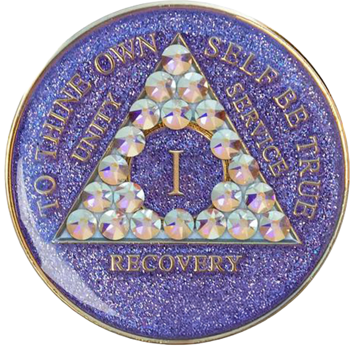 AA Coin, #A38.  Glitter Lavender AA Chip w Aurora Borealis (Yrs 1-50)