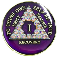 AA Coin, #A49.  Purple AA Medallion w Aurora Borealis Crystals (Yrs 1-65)