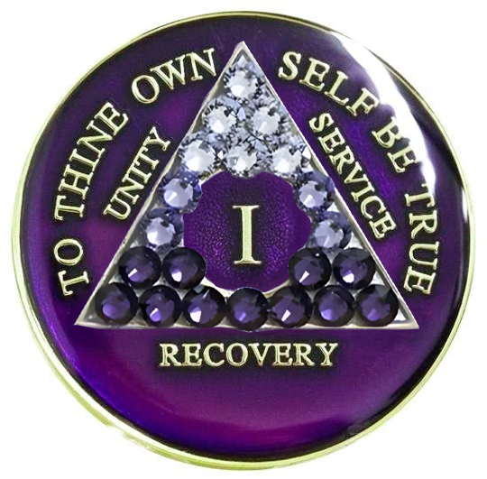 AA Coin, #A50.  Purple AA Medallion w Purple Trans Crystals (Yrs 1-65)