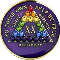 AA Coin, #A52.  Purple AA Coin w Rainbow Bling Crystals (Yrs 1-65)