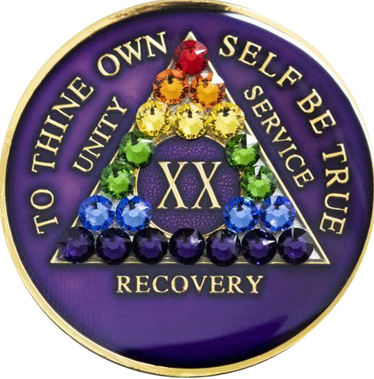 AA Coin, #A52.  Purple AA Coin w Rainbow Bling Crystals (Yrs 1-65)