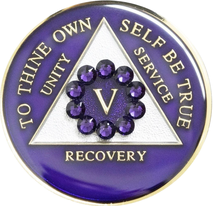 AA Coin, #A54.  Purple AA Coin w Purple Circle Crystals (Yrs 1-65)