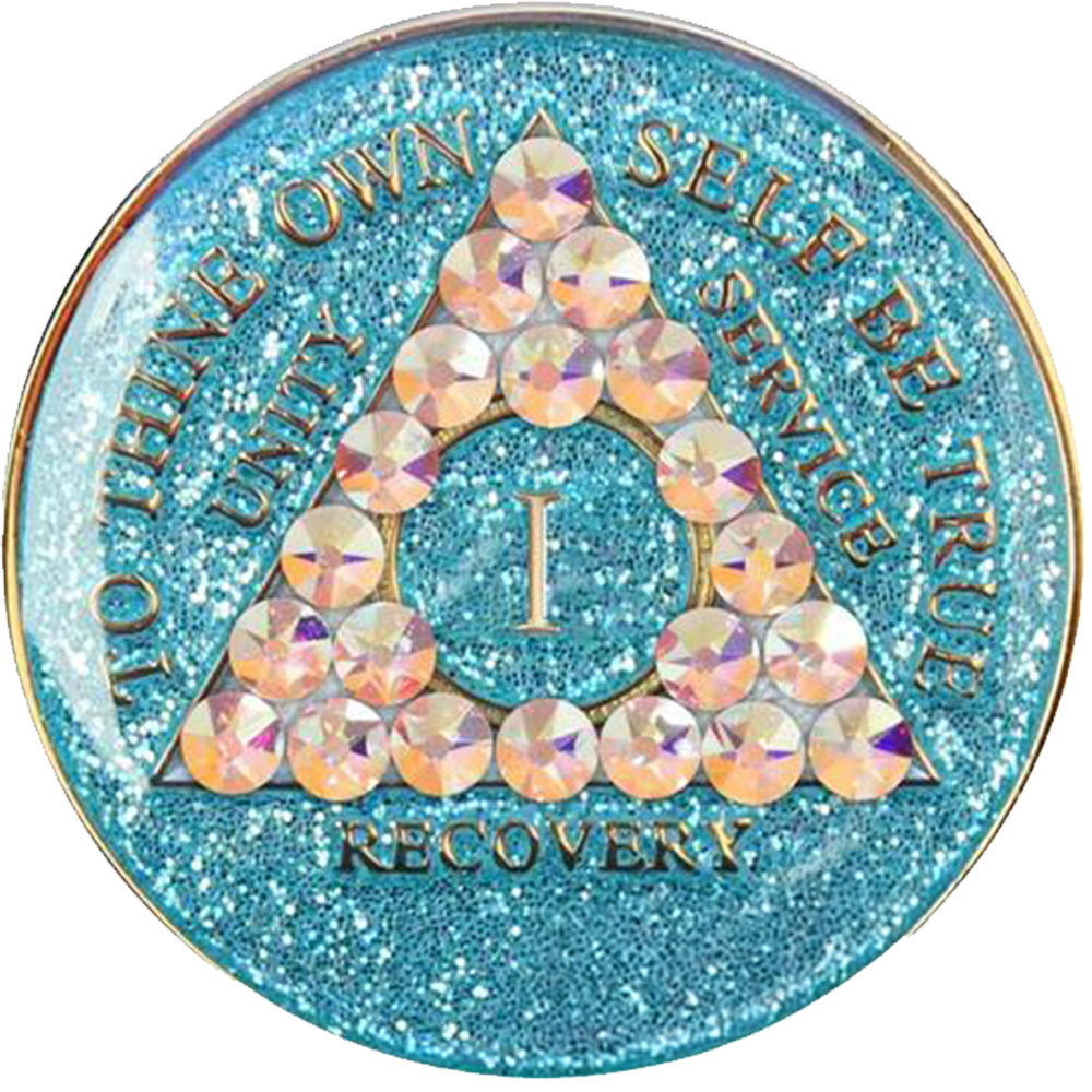 AA Coin, #A58.  Glitter Turq AA Coin w Aurora Borealis (Yrs 1-50)