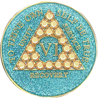 AA Coin, #A59.  Glitter Turquoise AA Chip w Gold Crystals (Yrs 1-50)