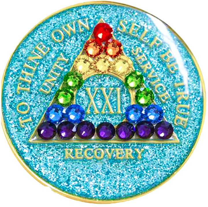 AA Coin, #A60.  Glitter Turquoise AA Medallion w Rainbow Bling (Yrs 1-50)