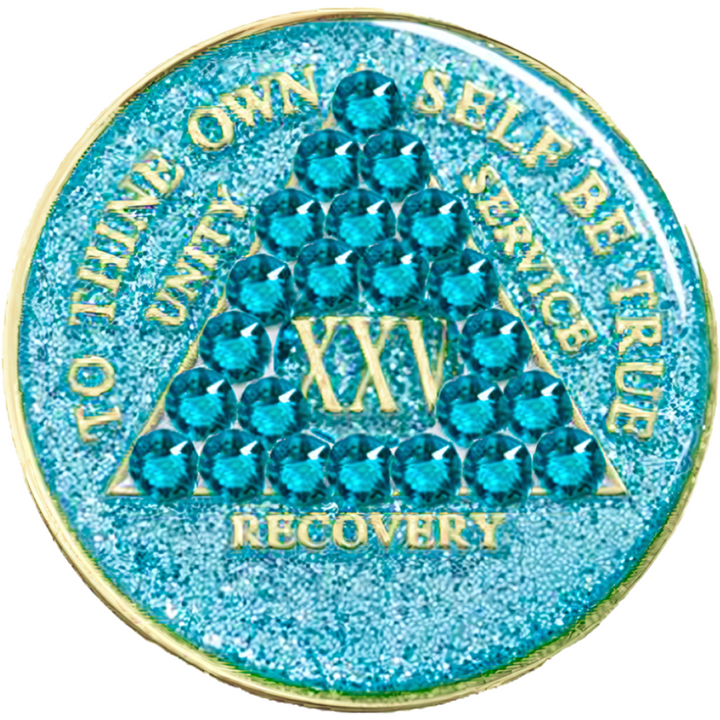 AA Coin, #A61.  Glitter Turquoise AA Chip w Turq Crystals (Yrs 1-50)