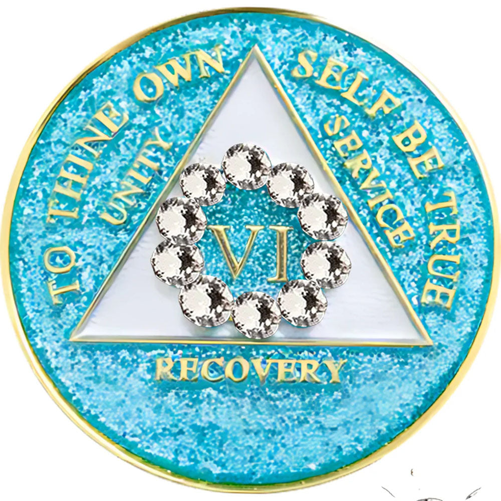 AA Coin, #A62.  Glitter Turquoise AA Chip w White Circle (Yrs 1-50)