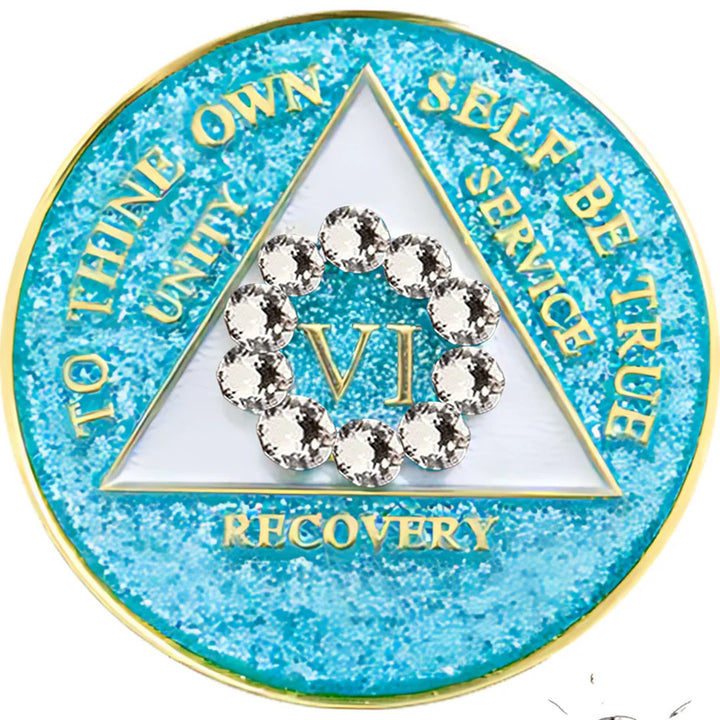 AA Coin, #A62.  Glitter Turquoise AA Chip w White Circle (Yrs 1-50)