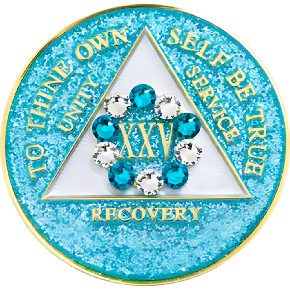 AA Coin, #A63.  Glitter Turquoise AA Chip w White/Turq Circle (Yrs 1-50)