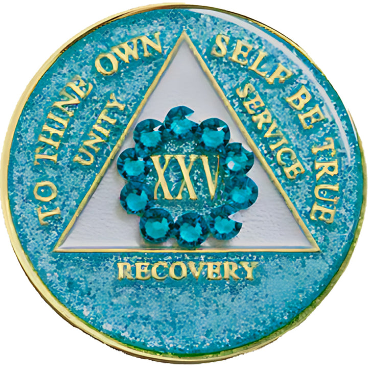 AA Coin, #A64.  Glitter Turquoise AA Coin w Turq Circle (Yrs 1-50)