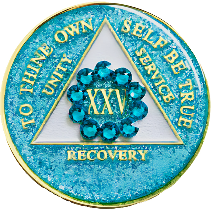 AA Coin, #A64.  Glitter Turquoise AA Coin w Turq Circle (Yrs 1-50)