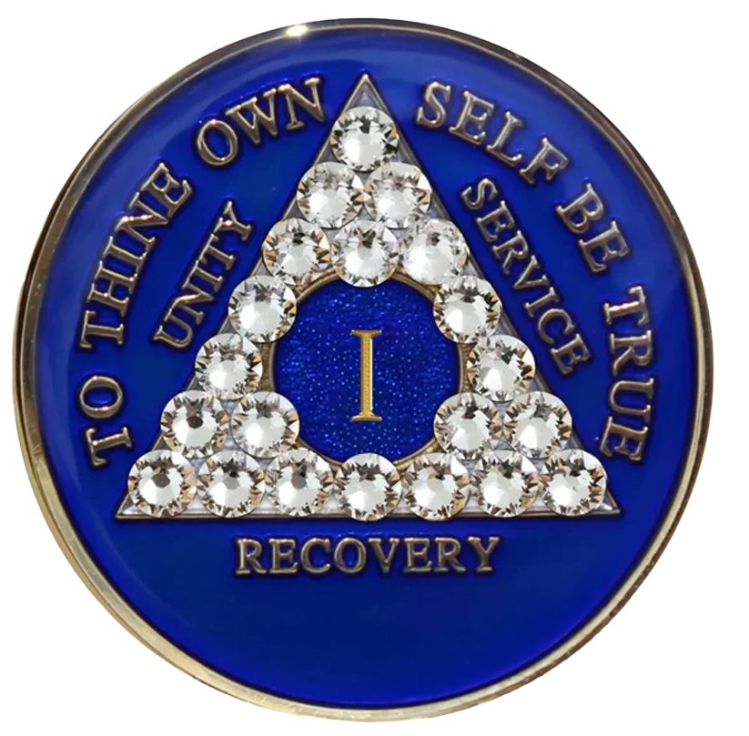 AA Coin, #A67. Blue AA Medallion w White Crystals (Yrs 1-65)