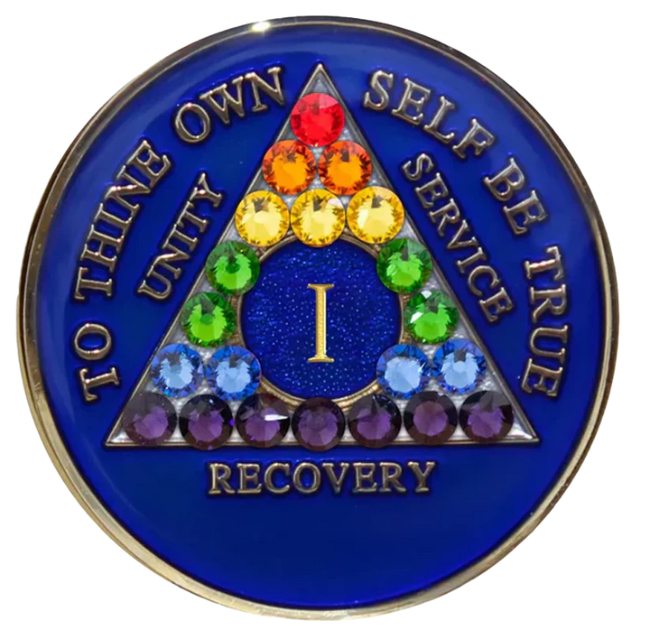 AA Coin, #A73.  Blue AA Medallion w Rainbow Bling (Yrs 1-65)