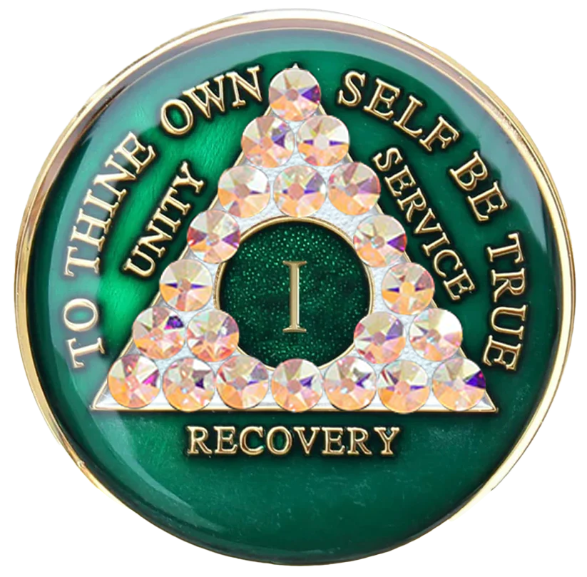 AA Coin, #A78.  Green AA Chip w Aurora Borealis Triangle (Yrs 1-65)