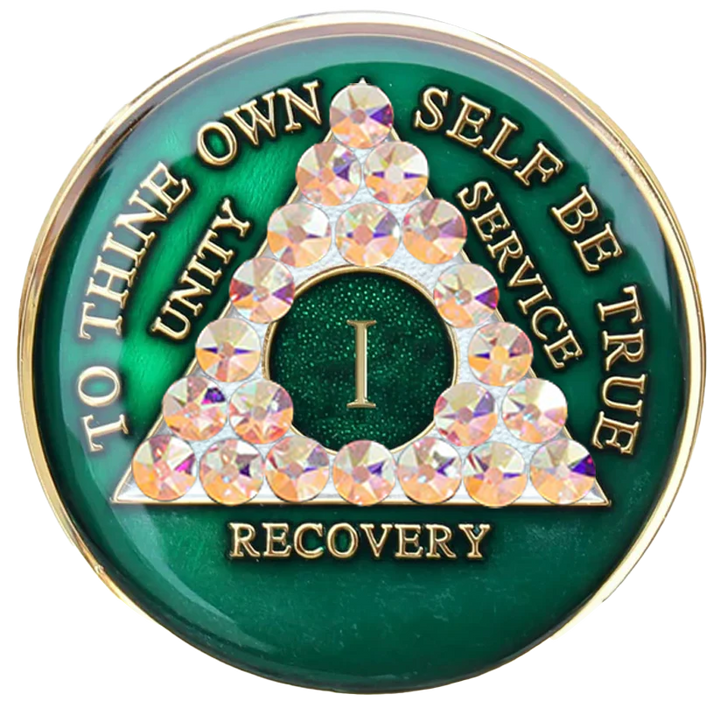 AA Coin, #A78.  Green AA Chip w Aurora Borealis Triangle (Yrs 1-65)