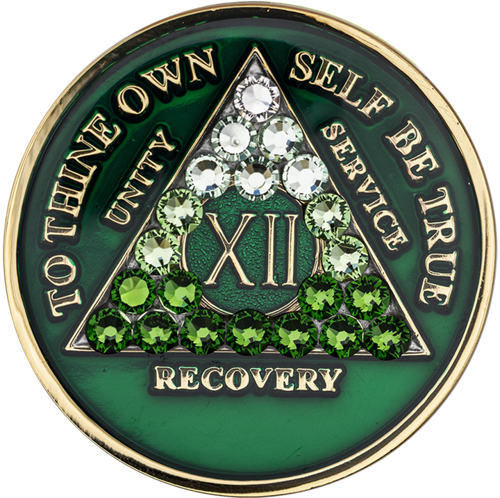 AA Coin, #A81.  Green AA Medallion w Green Trans Crystals (Yrs 1-65)