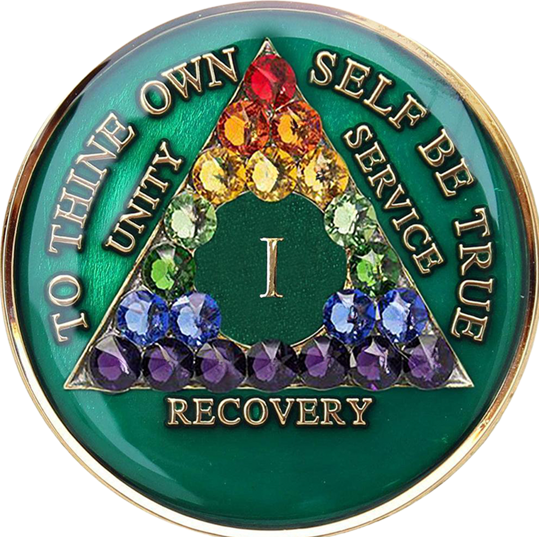 AA Coin, #A82.  Green AA Chip w Rainbow Crystals (Yrs 1-65)