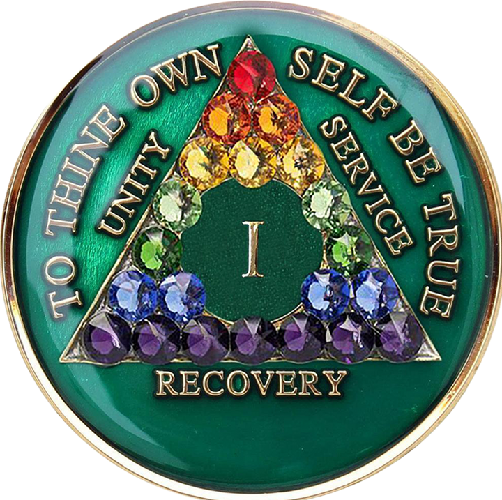 AA Coin, #A82.  Green AA Chip w Rainbow Crystals (Yrs 1-65)