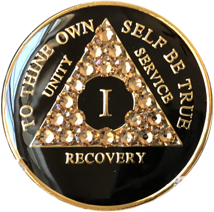 AA Coin, #A96.  Black AA Medallion  w Topaz Crystals (Yrs 1-65)