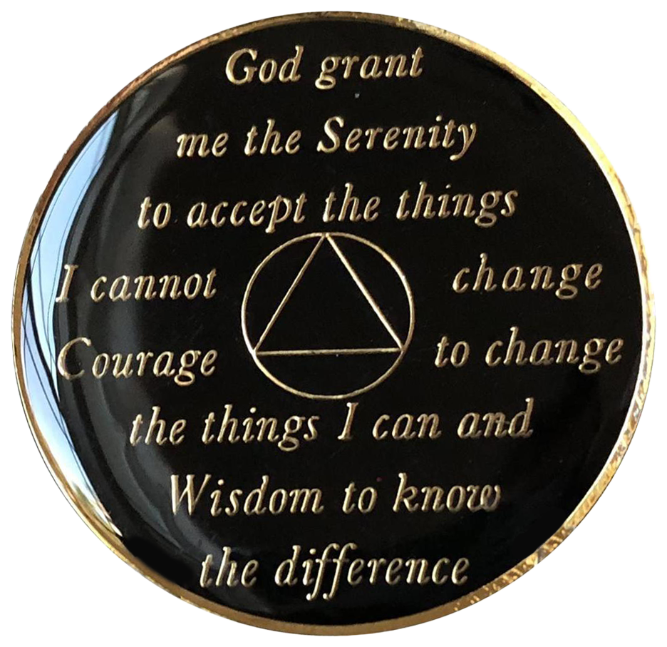 AA Coin, #AA101.  Black AA Medallion w Orange Crystals (Yrs 1-65)