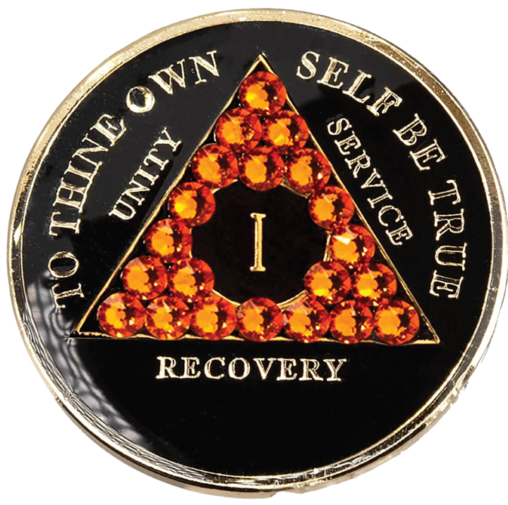 AA Coin, #AA101a.  Black AA Medallion w Orange Crystals (Yrs 1-65)