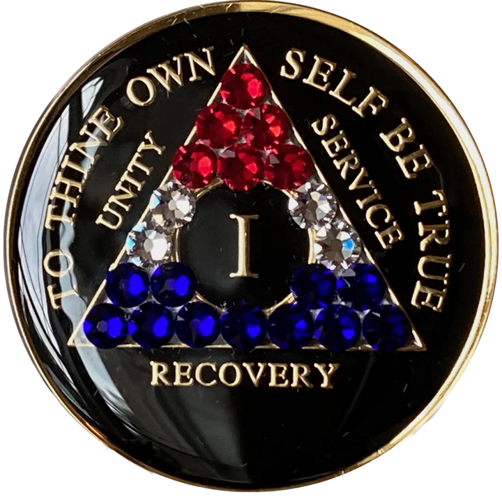 AA Coin, #AA105.  Black w Red White Blue Crystals (Yrs 1-65)