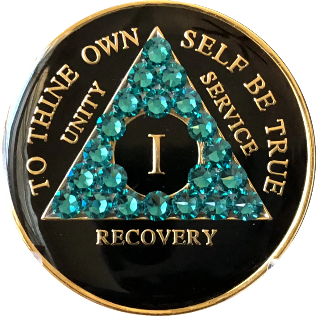 AA Coin, #AA110.  Black AA Medallion w Turquoise Triangle (Yrs 1-65)