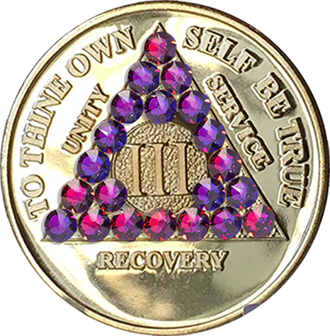 AA Coin, #AA120.  Gold Plated AA Medallion w Volcano Crystals (Yrs 1-50)