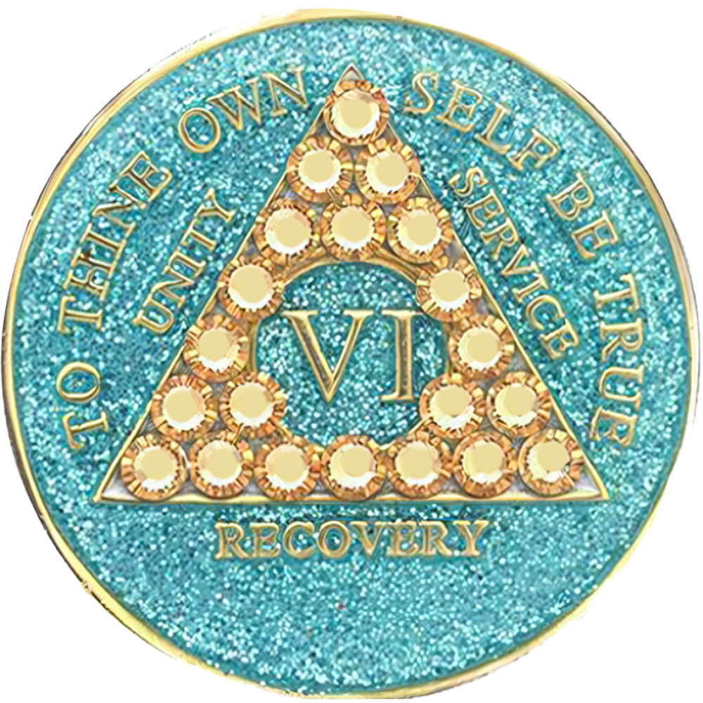 AA Glitter Turquoise with Gold Crystals Coin - Recovery Medallion from Choices Books & Gifts