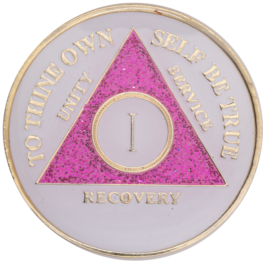 AA Glow n Dark Pink with Glitter Pink Coin - Recovery Medallion from Choices Books & Gifts